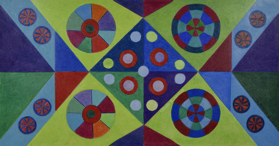 Abstract painting with geometric shapes of diamonds and cirlces in blues and yellow green by artist Hollis Richardson