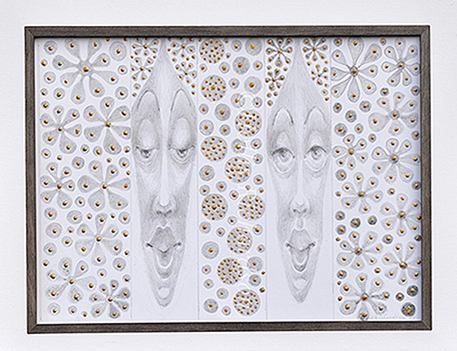 Mixed Media Drawing in pencil and gold paint of two elongated faces surrounded by flowers and cirlces with gold dots by artist Hollis Richardson