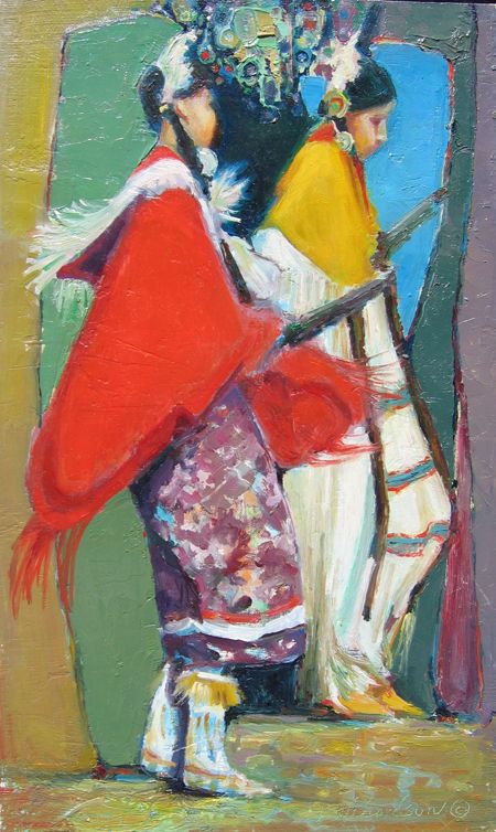 Oil Painting by Hollis Richardson  oif two young women participating in a Powwow dance. Red and yellow shawls on blue and green background.