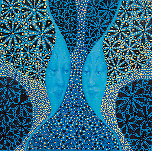 Blue Square oil painting with elongate faces of women in a sweeping shape full of black flowers and profusion of gold dots by Hollis Richardson