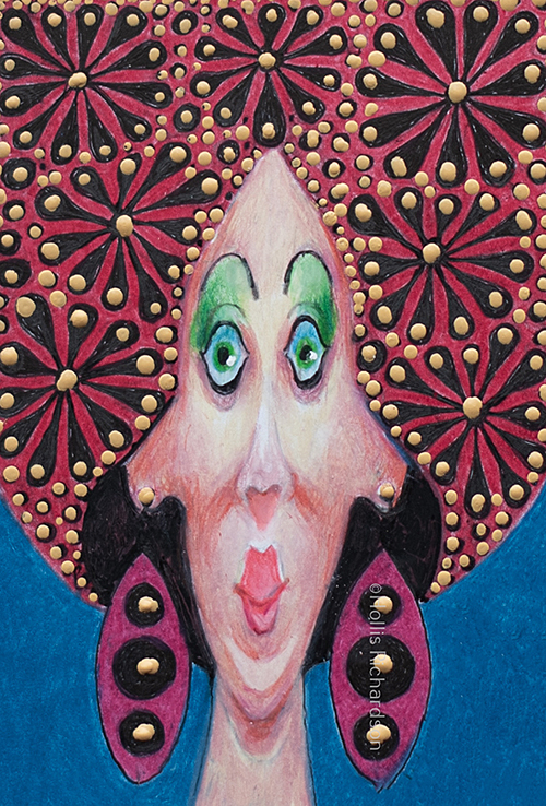 Wide eyed woman facing frontallt wutg big red hair with black flowers and gold dots. A contemporary drawing by artist, Hollis Richardson.