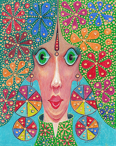 Woman with enlarged eyes looking forward with green hair covered with flowers in orange, blue , big multi color earirings by artist Hollis Richardson