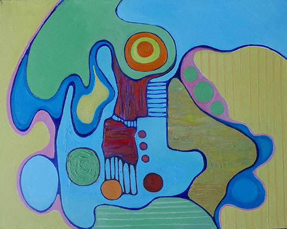 Unusal merging shapes in blue, green, red, orange and dark yellow. Abstract oil painting by Hollis Richardson