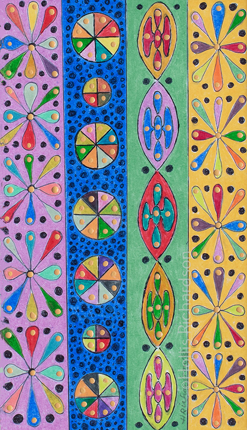 Abstract drawing of columns in lavender, blue, green and yeslow with cirles, pinwheel flowers and elongated shapes in many colors
 by Hollis Richardson.