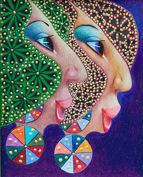 Two women one green hair the other brown with gold dot, pink lipstick and colorful earrings by Hollis Richardson