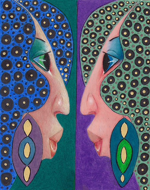 Drawing done with Caran D'Arches Luminous Pencils, ink and gold paint of two young women face to face exchanging information 
by artist Hollis Richardson