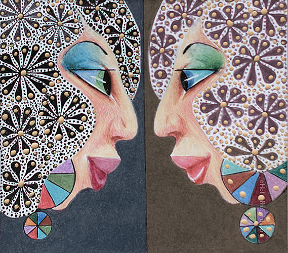 2 young women facing each other with fair skin, pink lipstick, black hair and lavender hair with folowers and gold dots by artist Hollis Richardson