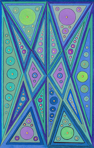 Vertical diagonlals intersecting in pointy geometic shapes in blues and greens with lavender and gren circles with dots of gold by Hollis Richardson.