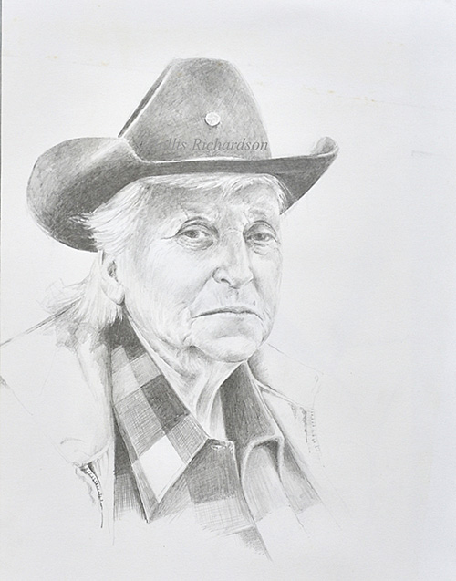 Pencil drawing of an older woman with a western hat, shaggy hair looking forward by Hollis Richardson. 