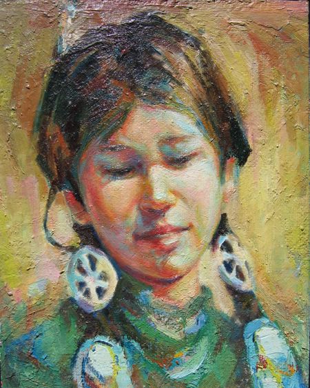 Colorful impressionistic oil painting of Native teenager ,eyes lowered and decorations on her hair by nationally recognized artist Hollis Richardson.