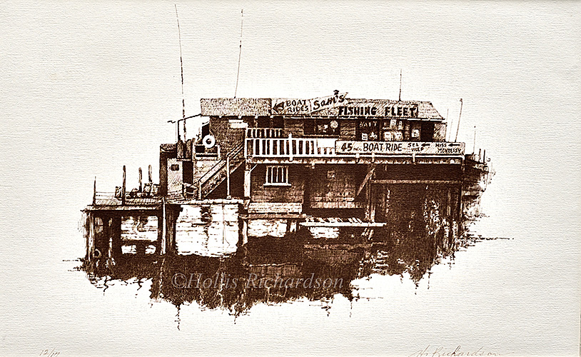 Detailed realistice drawing or the famous Monetery Pier done in rapidiograph pen and brown ink by Hollis Richardson.