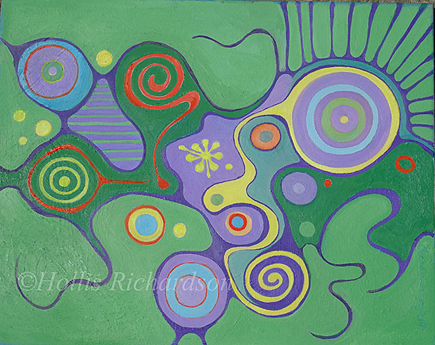 Flowing organic shapes of lavender, red orange yellow and dark green on a lighter middle green.   Abstract oil painting by Hollis Richardson