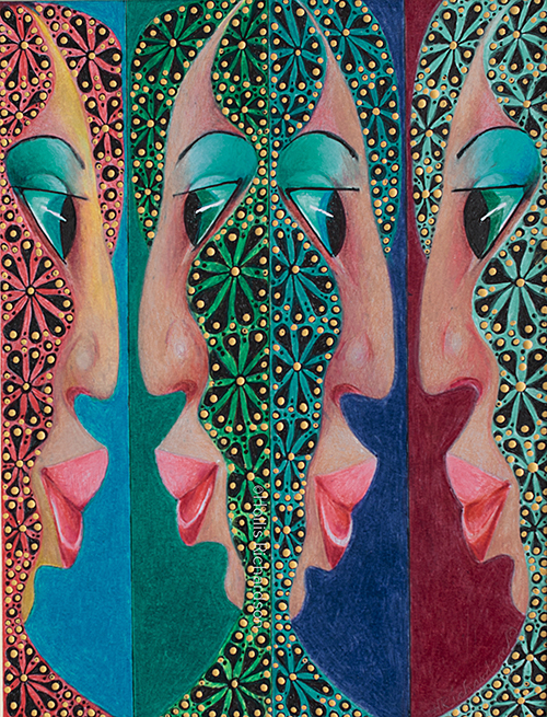 Four women with hair of orange, green, and blues with flowers an gold dots exchanging information. A colored drawing by Hollis Richardson.