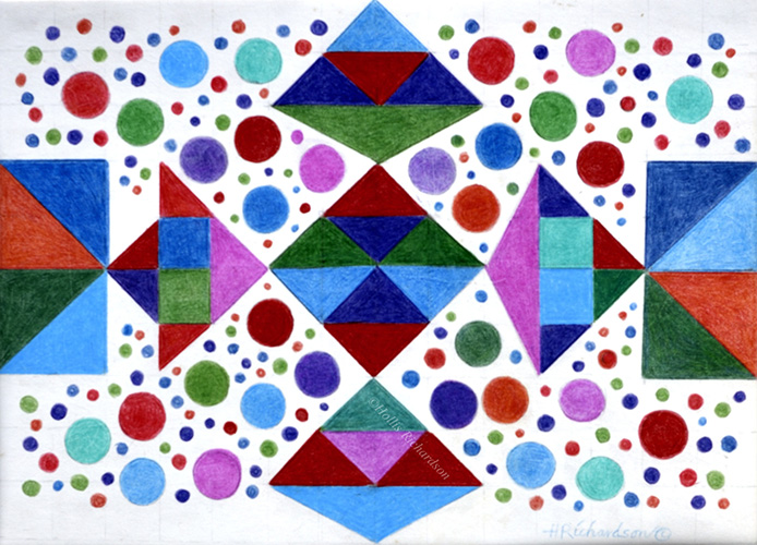 Triangles in rectangles and  larger daimonds with large and small circles, all red, blue,  green and plum on white.  Abstract drawingby artist Hollis Richardson