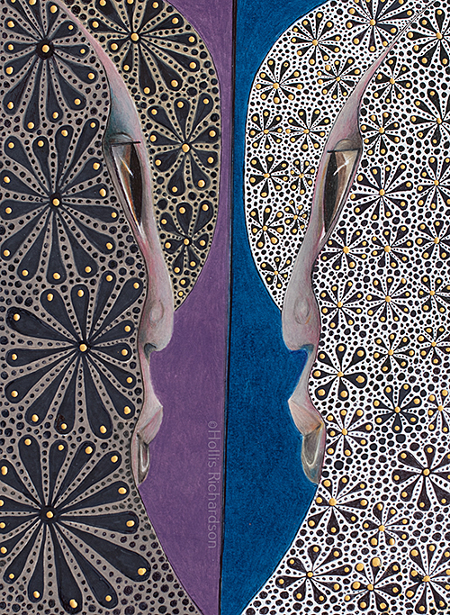 Two women face to face in black on brown and black on white with gold dots and backgrounds of purble and blue. A creative drawing .by artist Hollis Richardson