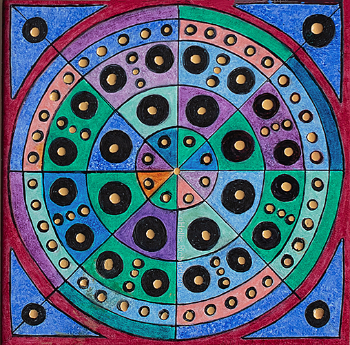 Circles within cirecles within a square  with sections of variying colores repeated throughout, an abstract by Hollis Richardson