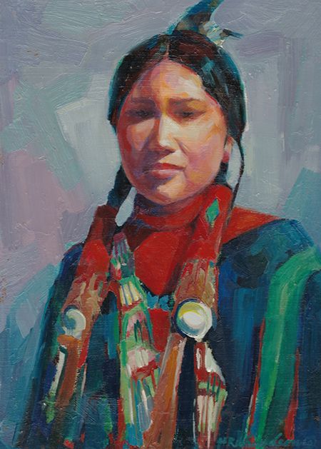 Native American woman in colorful traditional clothing with bead jewerly and a feather in her hair by nationally recognized artist Hollis Richardson.