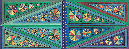 Horizontal creation in blues and greens with elogated triangles enclosing circles with multicolored sections. Creative artwork by Hollis Richardson.