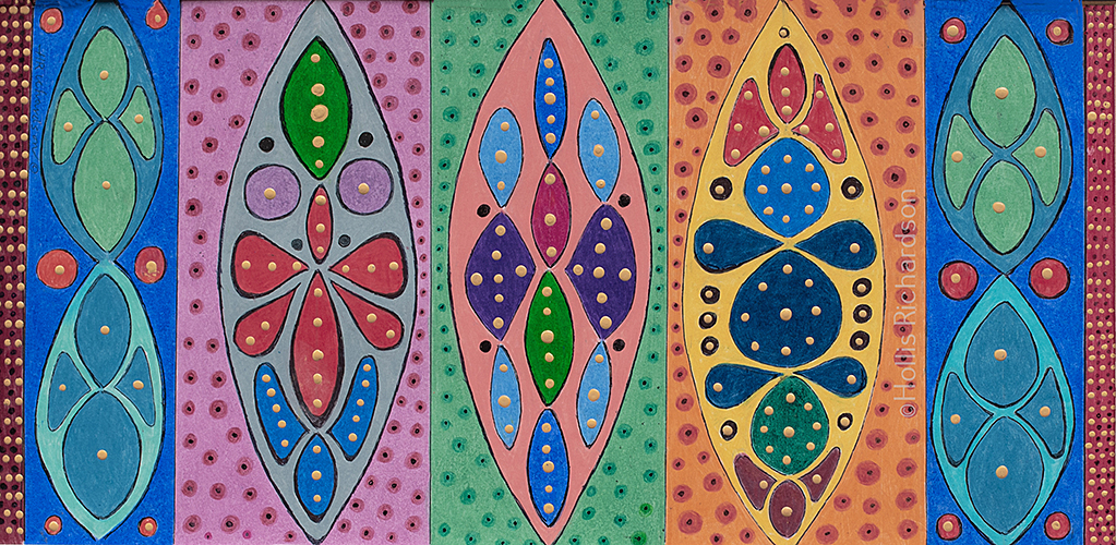 Abstract drawing with 7 columns of varing colors with dots within circles, elongated shapes with more organic shapes within. Artwork by Hollis Richardson.