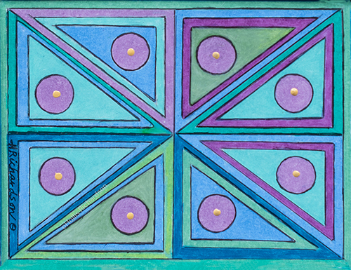 Lavender circles witnin triangles of green and blues, outlined in lavender and blues. A Caran D'Arches Luminous Pencil Drawing by Hollis Richardson