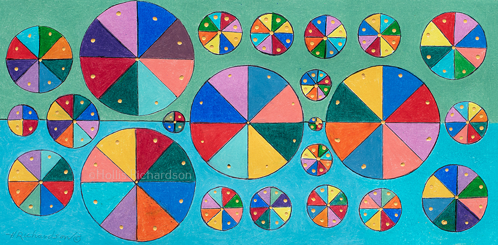 Abstract artwork of 21 circles of various sizes cut ito birghtly colored pie piece. Originial drawing   by artist Hollis Richardson