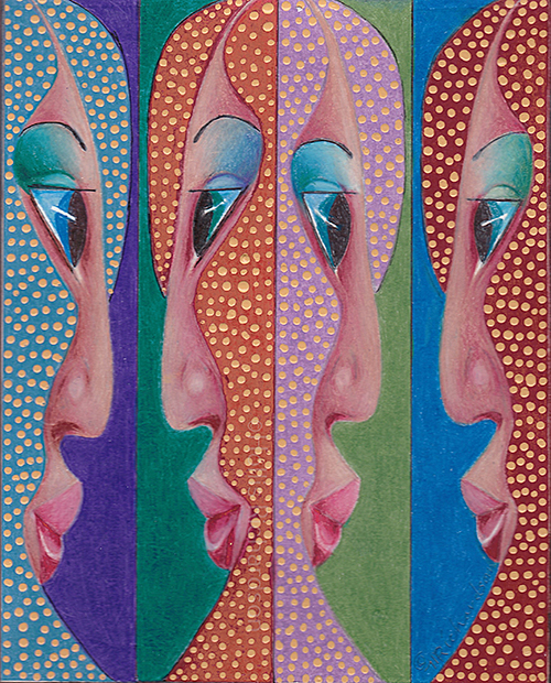 Drawing of four empowered women face to face, blue, orange, lavender and red hair with gold dots  on purple, greens and blue by artist, Hollis Richardson